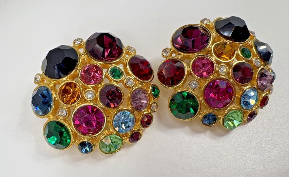 Rare 1980s Vintage Signed BLANCA Multicolor Rhinestone Dome Clip-On Earrings